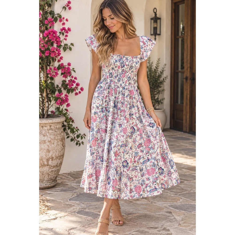 Caroline Constas Floral Paisley Smocked Midi Dress Size L